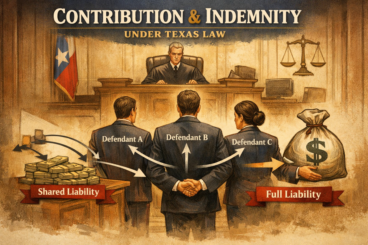 Courtroom illustration showing multiple defendants connected by arrows representing shared liability, symbolizing contribution and indemnity under Texas law.