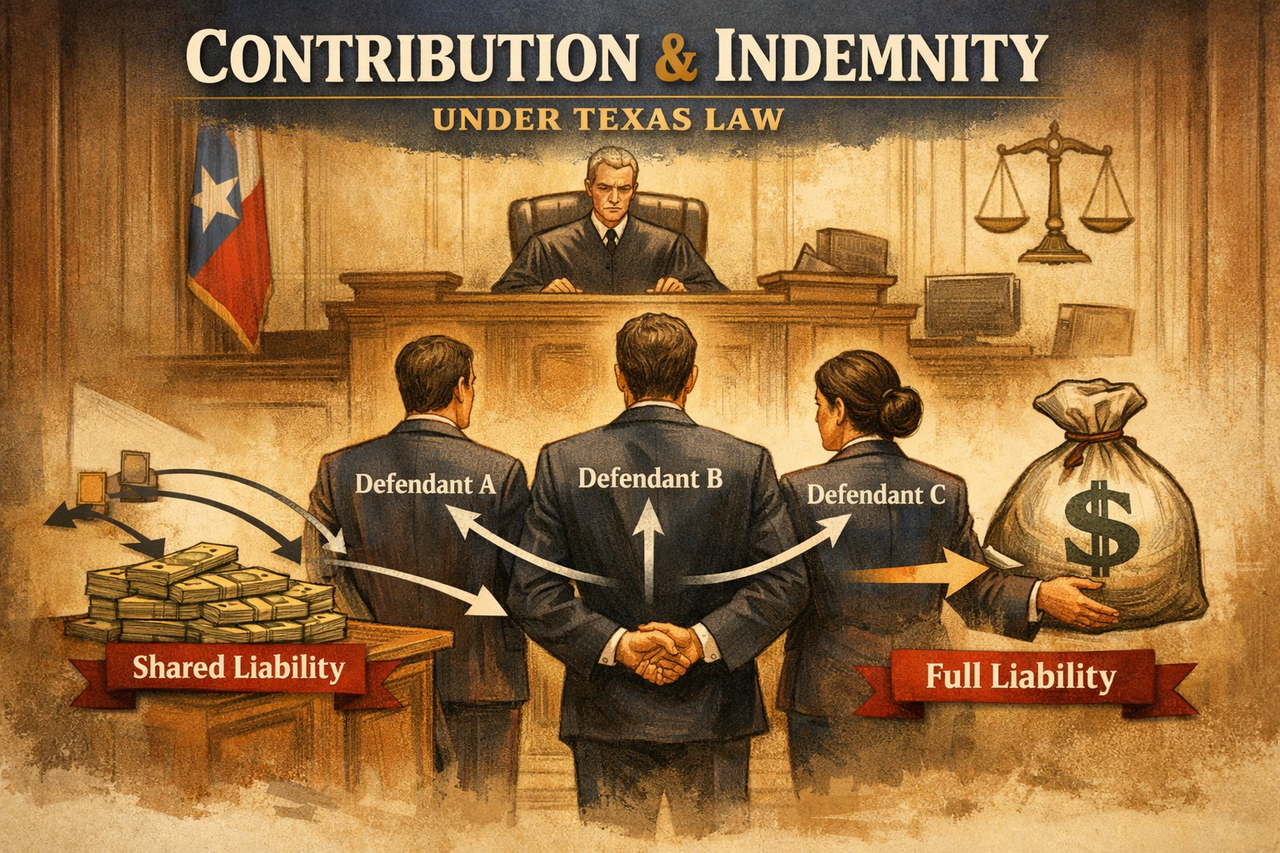 Courtroom illustration showing multiple defendants connected by arrows representing shared liability, symbolizing contribution and indemnity under Texas law.