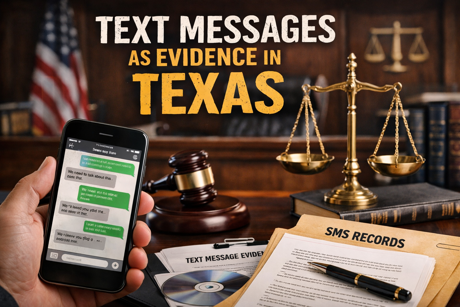 Lawyer reviewing smartphone text messages as digital evidence in a Texas court case