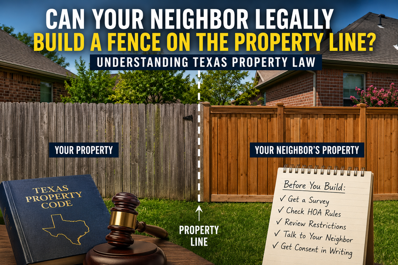 A legal-themed illustration showing two neighboring suburban backyards separated by a wooden fence positioned along a marked property line. A dashed boundary line divides the properties, while a judge's gavel and a book labeled "Texas Property Code" sit in the foreground. A checklist reminds homeowners to obtain a survey, review HOA rules and deed restrictions, speak with their neighbor, and obtain written consent before constructing a boundary fence. The image represents Texas property law.