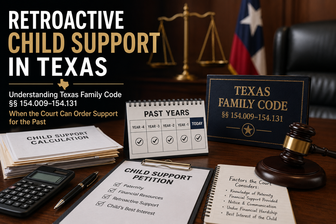 A professional legal-themed illustration depicting retroactive child support in Texas. The image features a judge's gavel, the Texas Family Code, child support calculation documents, a calendar highlighting prior years, a calculator, and legal paperwork on a courtroom desk. The composition symbolizes how Texas courts may order child support for past periods under Texas Family Code §§ 154.009–154.131, emphasizing financial history, legal analysis, and family law proceedings.