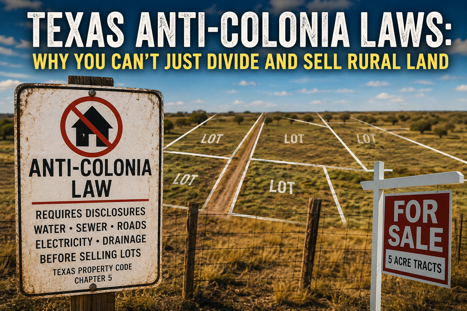 Texas anti-colonia laws affecting rural land subdivision, lot sales, seller financing, and property development in Texas.