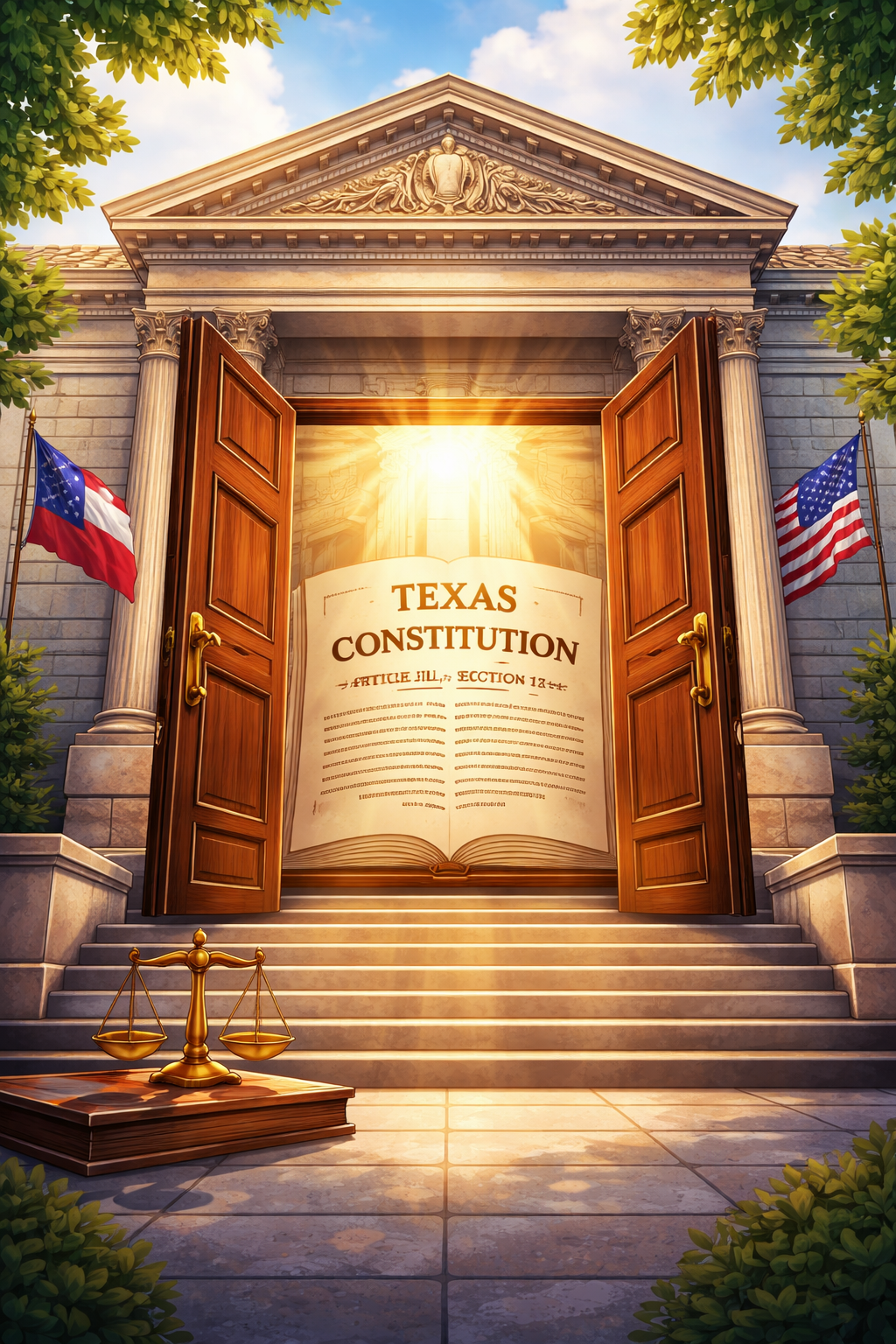 Illustration of a courthouse with open doors symbolizing access to justice, representing the Texas Open Courts Doctrine and constitutional protections allowing individuals to bring lawsuits when they suffer legal injuries.