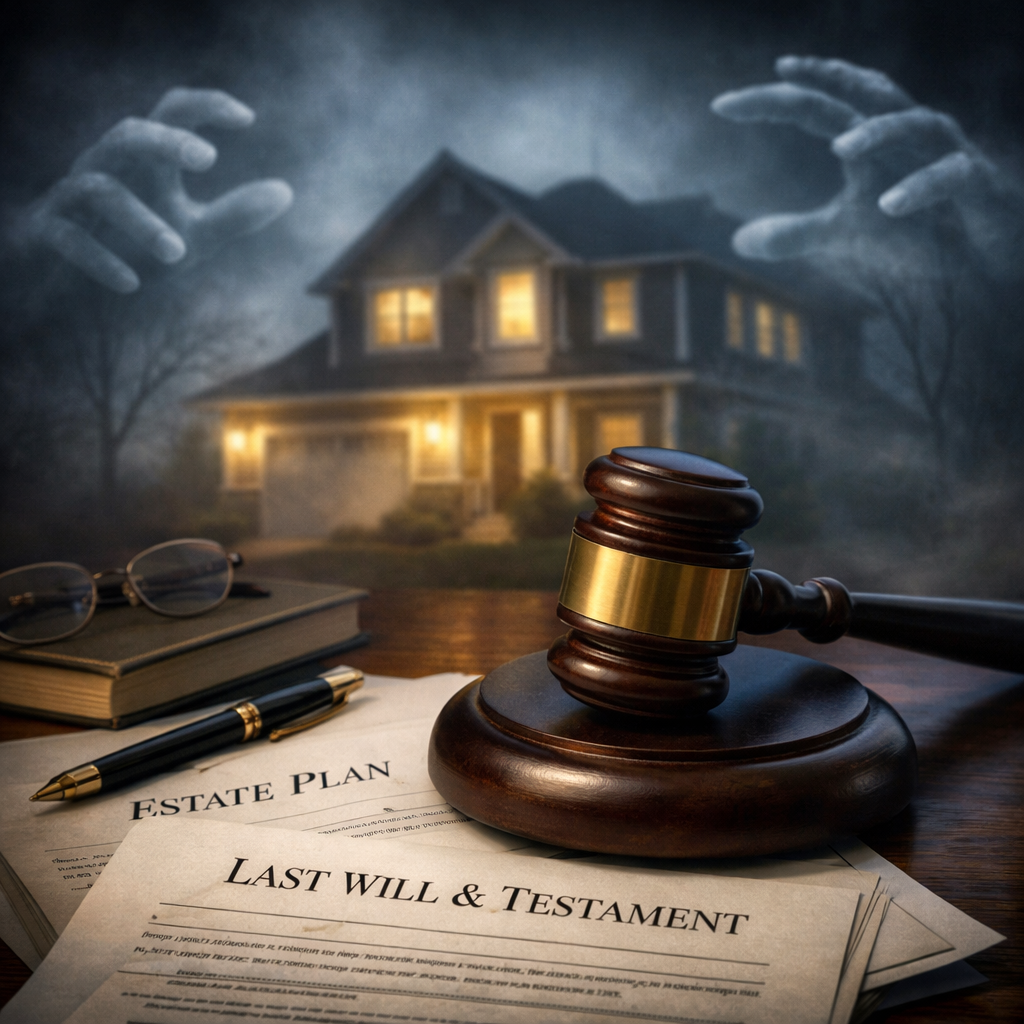 A conceptual legal illustration showing a judge’s gavel resting on a stack of estate planning documents, with ghostly hands symbolically reaching toward a house in the background, representing post-death control over property (dead hand control) under Texas law.