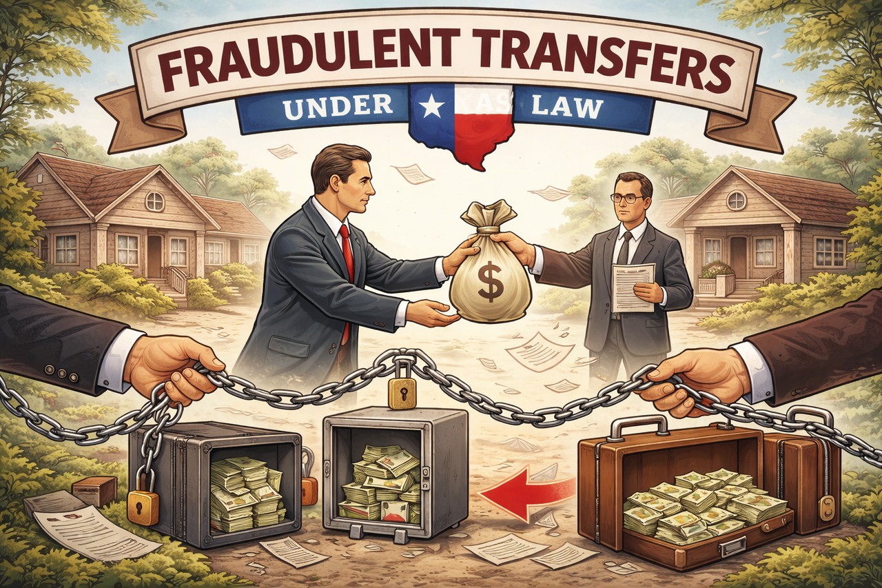 Illustration showing assets being transferred between entities under Texas law, representing fraudulent transfers and creditor remedies under the Texas Uniform Fraudulent Transfer Act (TUFTA).
