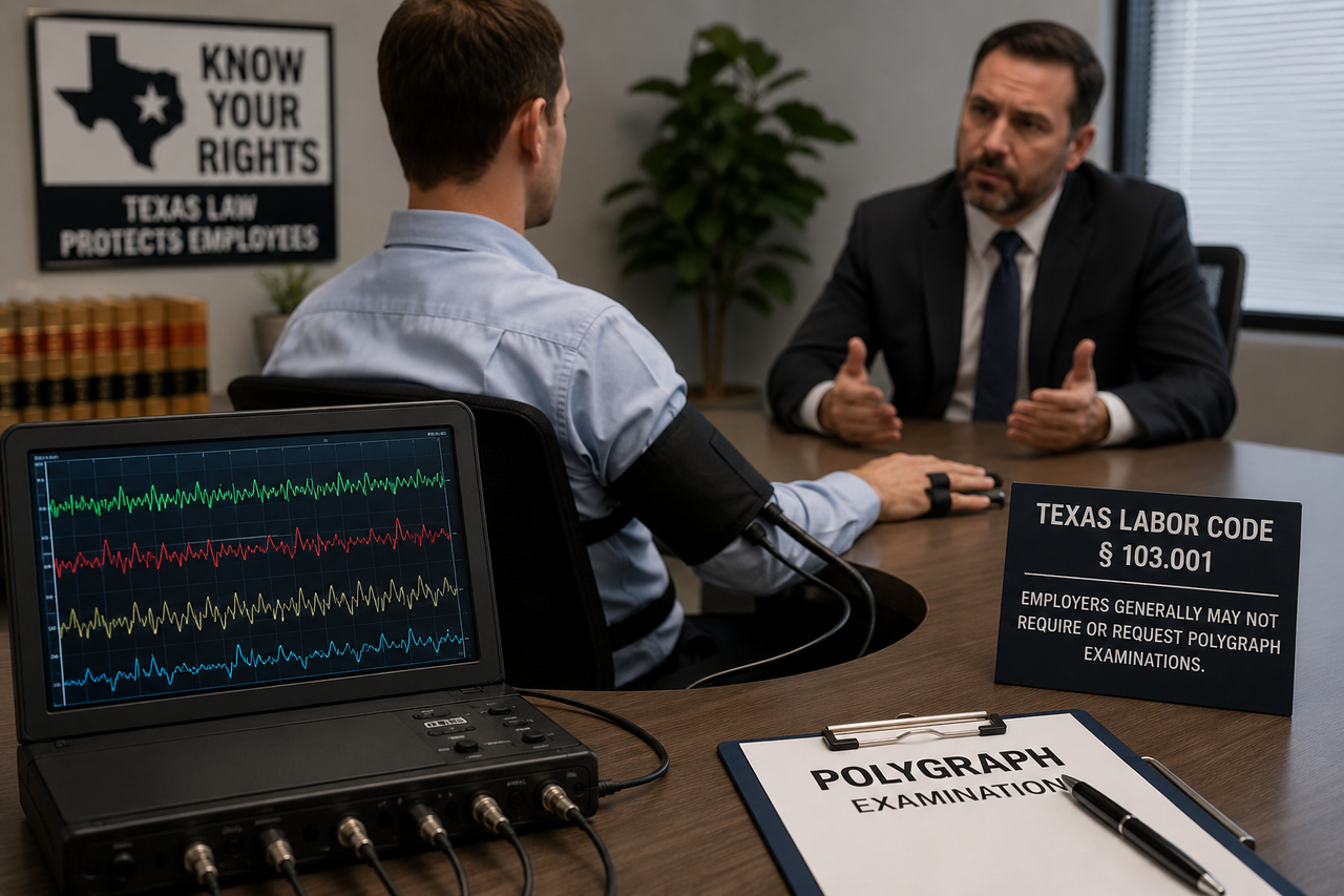 Employee undergoing a workplace polygraph examination during an employer interview, illustrating Texas Labor Code § 103.001 and Texas employment laws restricting mandatory lie detector tests.