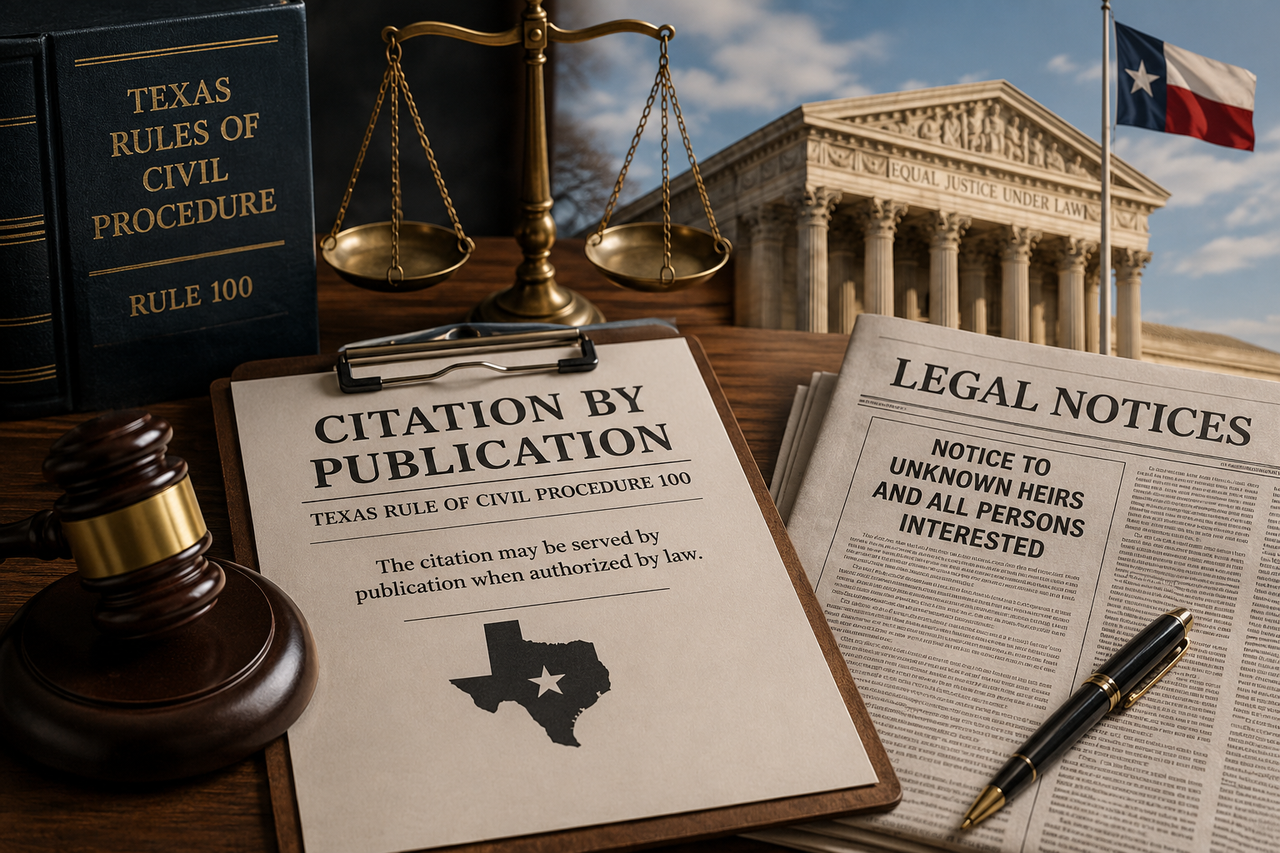 Texas citation by publication under Rule 100 with legal notices, courthouse, gavel, and Texas civil procedure materials.