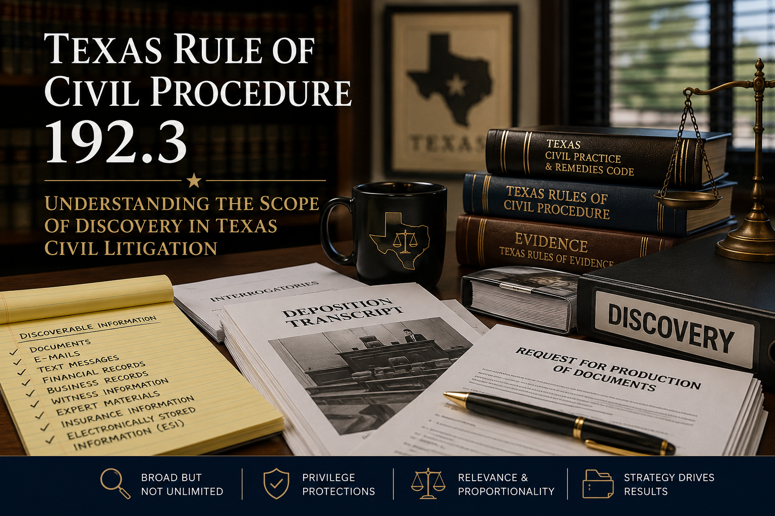 A professional law office featuring Texas civil litigation materials, including discovery requests, deposition transcripts, legal reference books, and a binder labeled "Discovery." Prominently displayed is the title "Texas Rule of Civil Procedure 192.3 – Understanding the Scope of Discovery in Texas Civil Litigation," alongside visual reminders of key discovery principles such as relevance, proportionality, privilege, and litigation strategy.