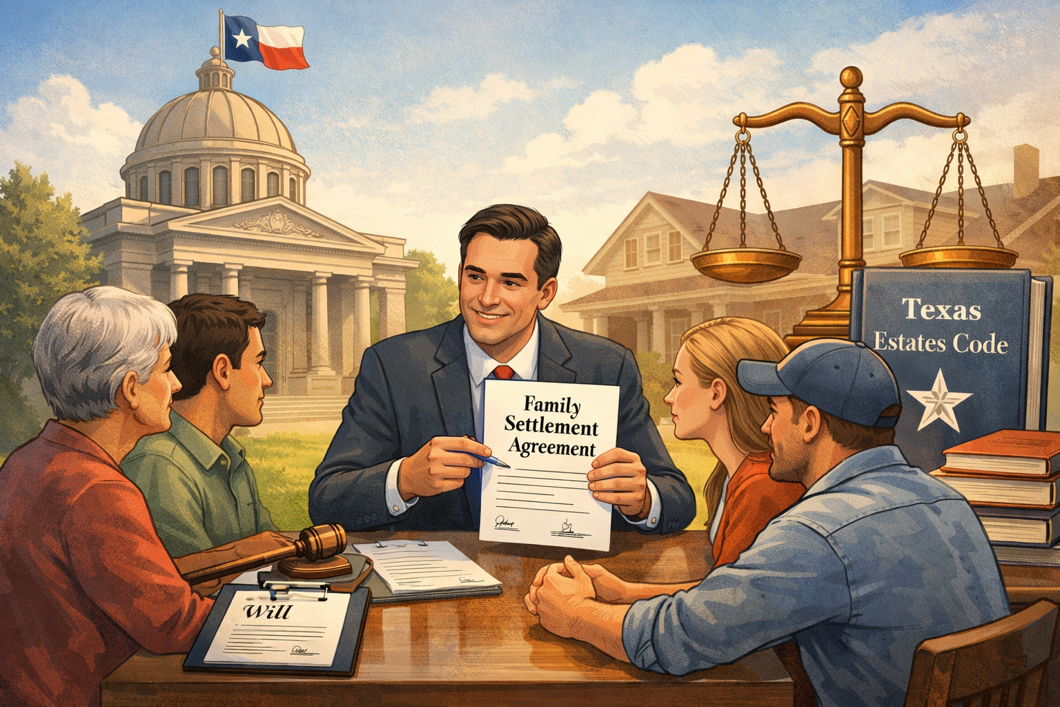 Illustration of a Texas probate lawyer helping family members reach a settlement agreement over an estate, with courthouse and legal documents in the background, symbolizing family settlement agreements under Texas law.