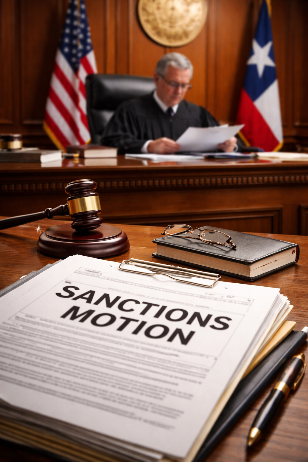 A Texas courtroom scene with legal documents on a table labeled ‘Sanctions Motion’ and a judge reviewing pleadings, symbolizing enforcement of litigation rules under Chapter 10.
