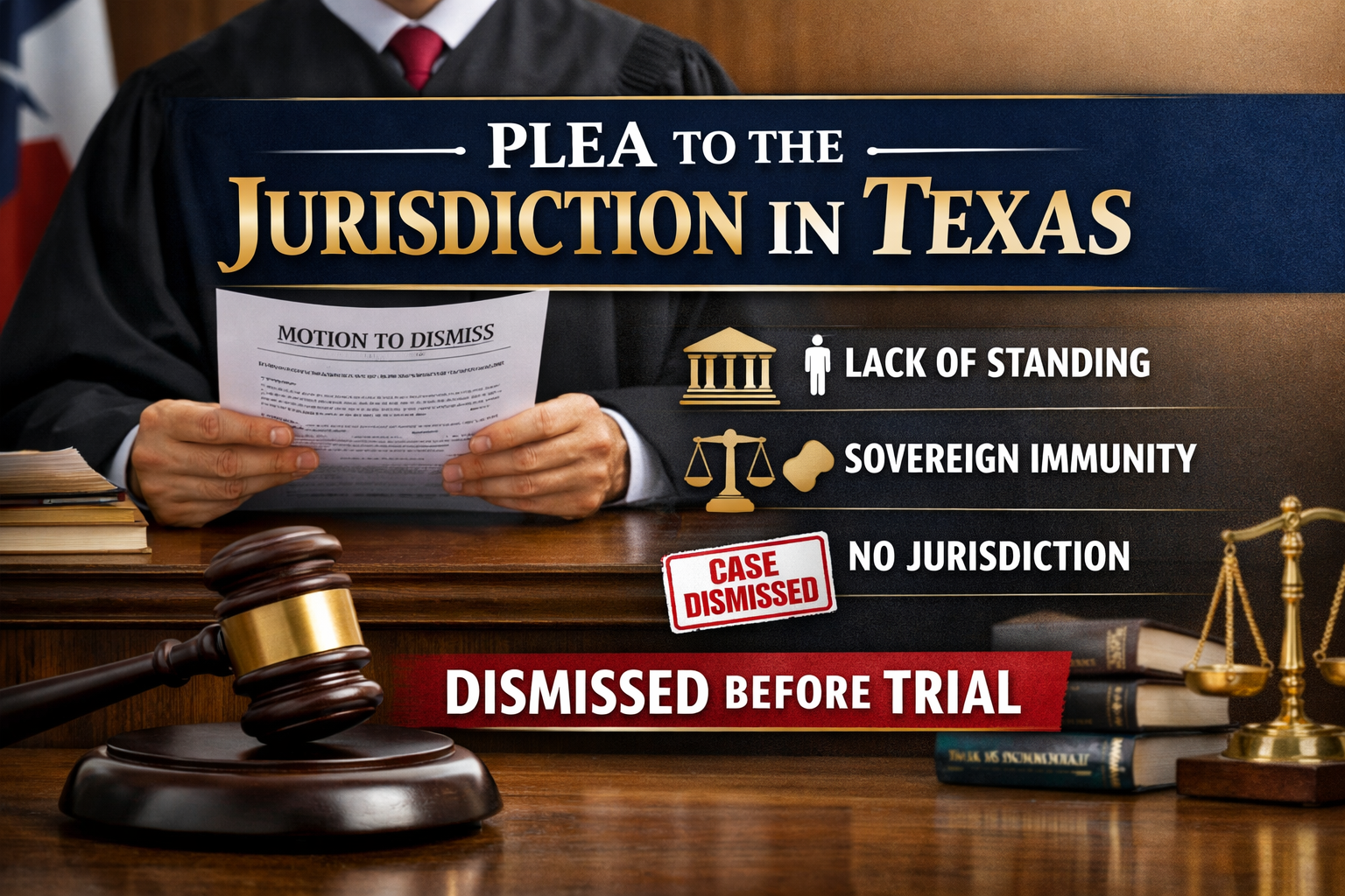 Texas courtroom scene with judge reviewing jurisdictional motion documents, symbolizing dismissal of a case before trial due to lack of subject-matter jurisdiction.