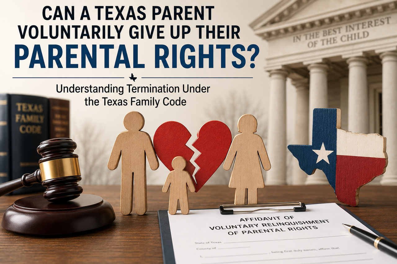 Illustration representing voluntary termination of parental rights in Texas, featuring a judge's gavel, a courthouse, the Texas Family Code, family silhouettes with a broken heart, an affidavit of voluntary relinquishment, and a Texas state symbol. The image accompanies an article explaining when a parent can voluntarily terminate parental rights under Texas law.