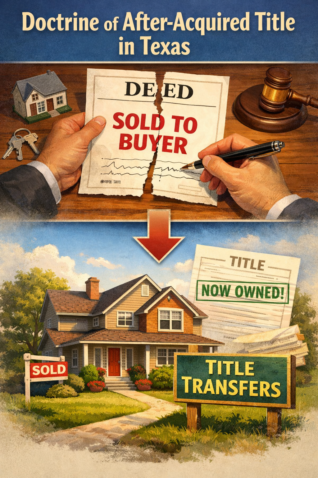 Illustration explaining the Texas doctrine of after-acquired title showing a torn deed labeled ‘sold to buyer’ transforming into a valid property title after the seller later obtains ownership.