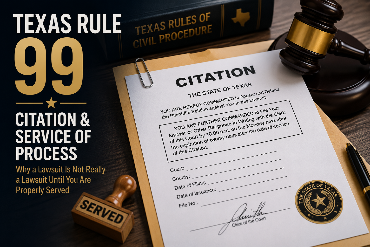 Professional legal-themed graphic illustrating Texas Rule of Civil Procedure 99 concerning citation and service of process. The image features a Texas lawsuit citation document on a desk beside a gavel, legal reference book, pen, and a 'served' stamp. Large text reads 'Texas Rule 99 – Citation & Service of Process,' emphasizing the importance of proper service before a lawsuit can proceed in Texas courts.