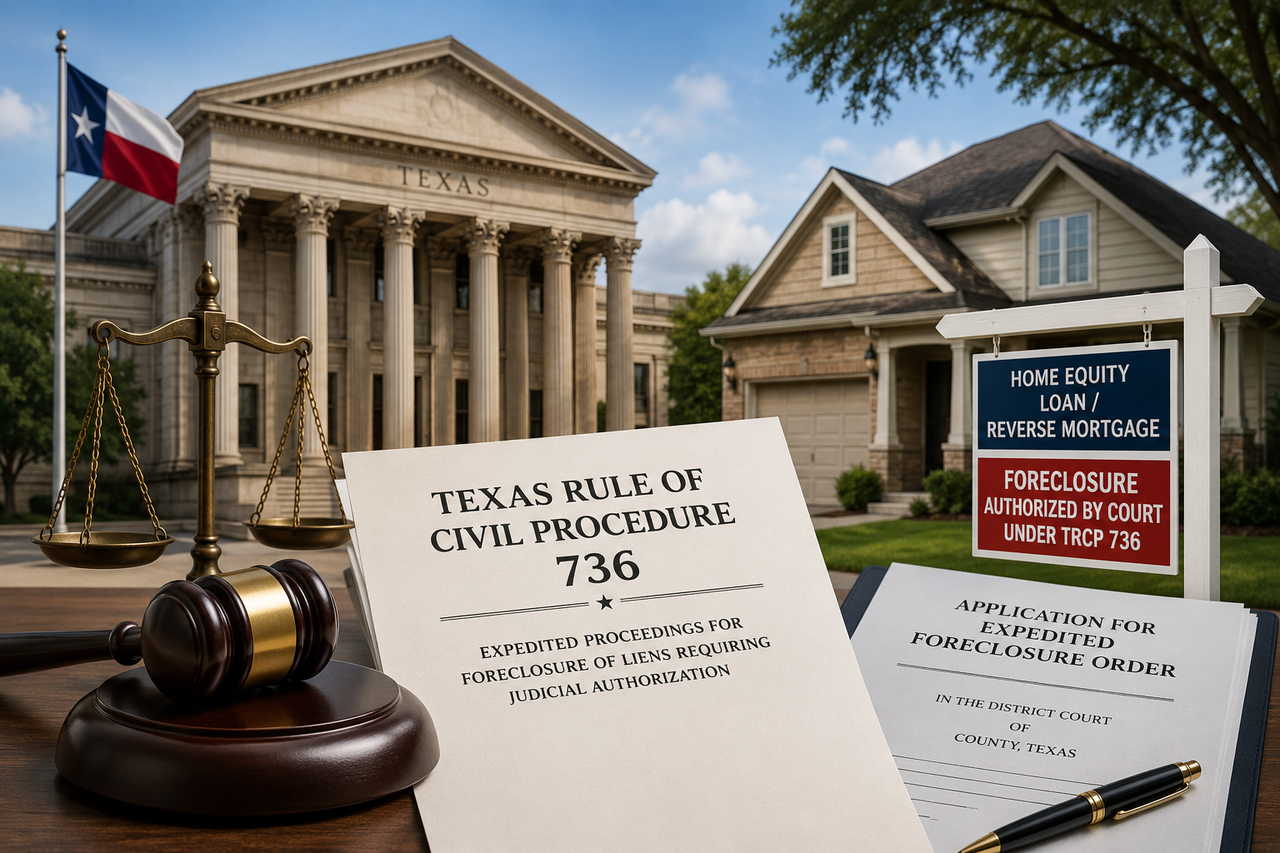 A photorealistic illustration of a Texas courthouse beside a suburban home, with a judge's gavel and the scales of justice in the foreground. Legal documents labeled "Texas Rule of Civil Procedure 736" and "Application for Expedited Foreclosure Order" rest on a desk, while a real estate sign references home equity loans, reverse mortgages, and court-authorized foreclosure.