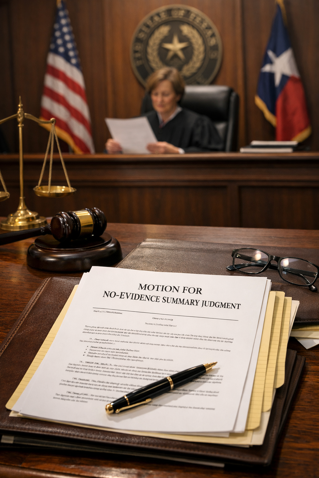 A Texas courtroom scene with legal documents and a judge reviewing a motion for summary judgment.