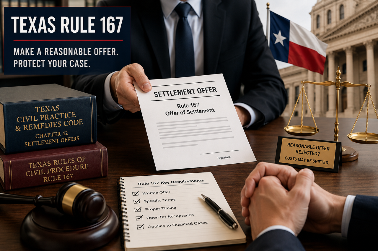 A Texas civil litigation scene featuring a formal Rule 167 settlement offer presented across a conference table. A gavel, scales of justice, the Texas flag, and law books labeled "Texas Rules of Civil Procedure Rule 167" and "Texas Civil Practice & Remedies Code Chapter 42" emphasize Texas settlement law. The image illustrates how a reasonable settlement offer under Texas Rule of Civil Procedure 167 can affect litigation costs and attorney's fees when rejected before trial.