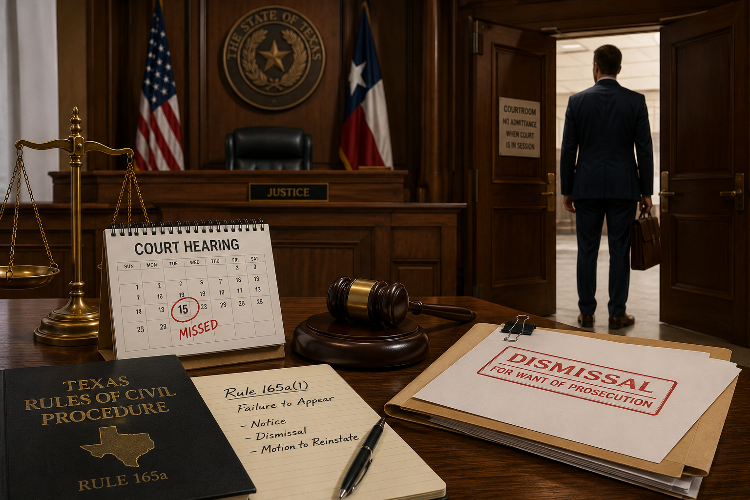 Texas courtroom with dismissal paperwork, judge's gavel, and missed hearing calendar illustrating Texas Rule 165a dismissals for failure to appear and motions to reinstate.