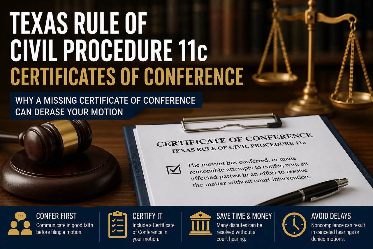 A professional legal-themed illustration featuring a judge's gavel, the scales of justice, and a Certificate of Conference resting on a clipboard in a law library. The image highlights Texas Rule of Civil Procedure 11c and emphasizes the importance of conferring with opposing counsel before filing certain motions. Informational icons illustrate key concepts including communicating in good faith, filing a Certificate of Conference, reducing litigation costs, and delays by procedural noncompliance.