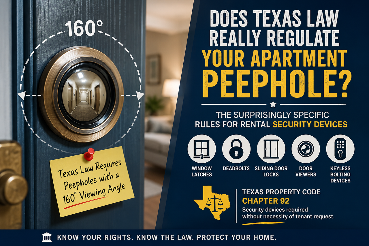 Texas landlord-tenant law graphic showing a 160-degree apartment peephole, deadbolt, window latch, sliding-door lock, and keyless security device, highlighting rental security requirements under Texas Property Code Chapter 92.
