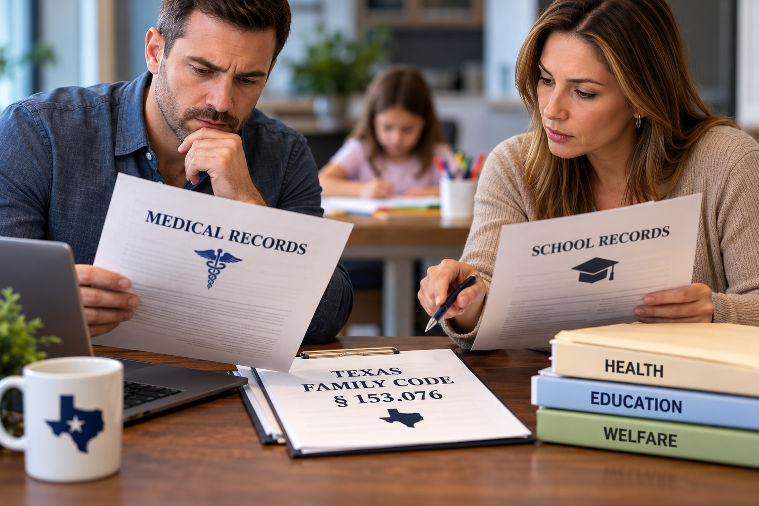 Divorced Texas parents reviewing their child's medical and school records alongside Texas Family Code § 153.076, illustrating parental information-sharing rights and obligations concerning a child's health, education, and welfare.