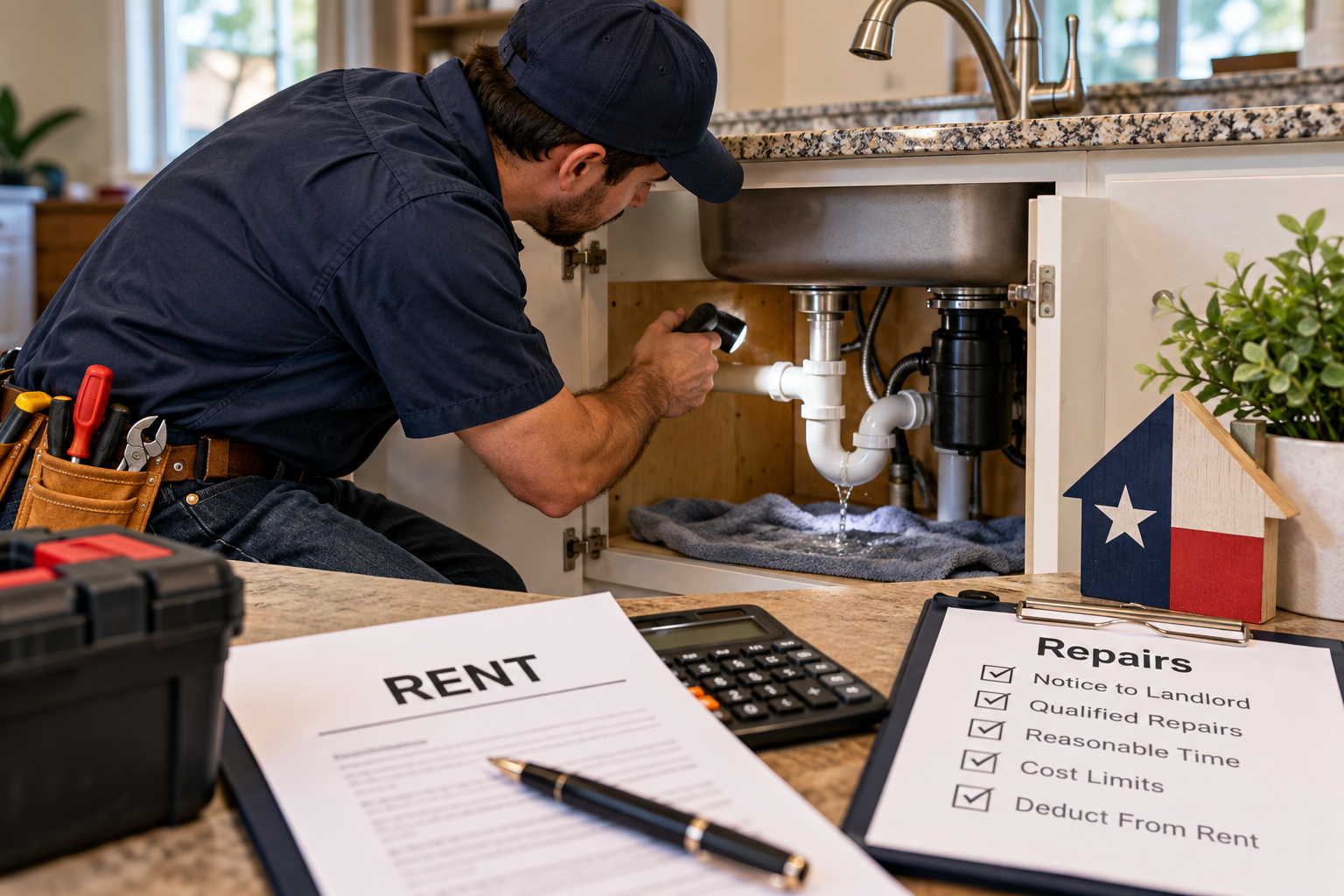 Plumber repairing a leaking kitchen sink in a Texas rental home with rent paperwork and a repair checklist illustrating a tenant’s right to repair and deduct under Texas Property Code § 92.0561.