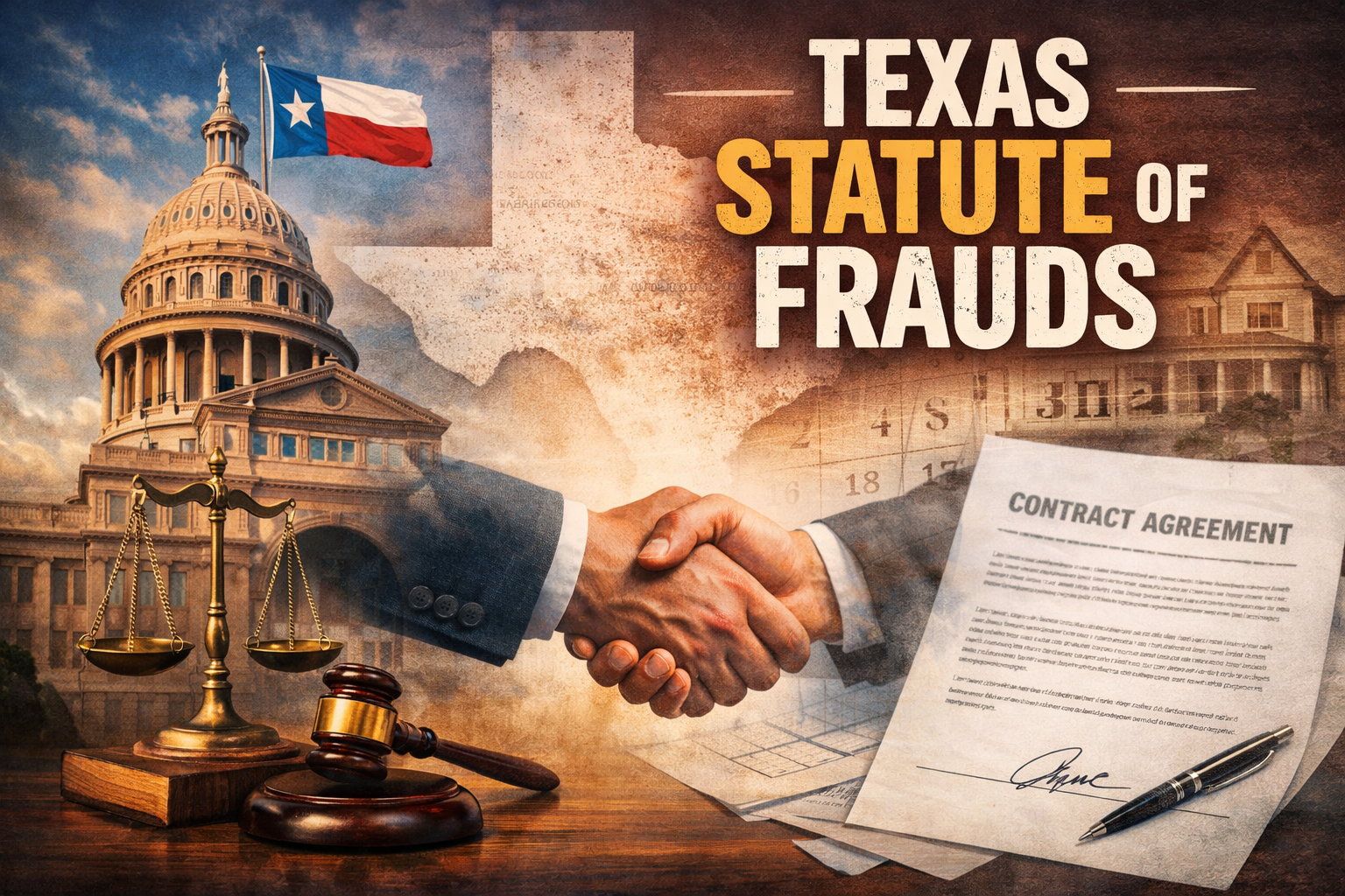 Illustration of a Texas courthouse and business handshake fading into written contract documents, symbolizing the Texas Statute of Frauds and the importance of written agreements under Texas contract law.