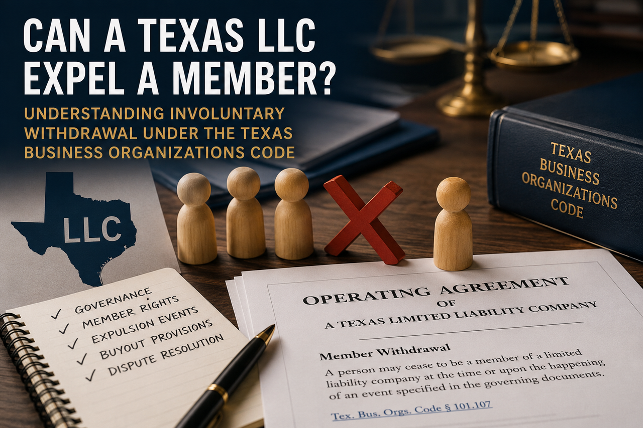 Illustration of a Texas LLC ownership dispute featuring an operating agreement, a Texas-shaped LLC symbol, business documents, and wooden figures with one member separated from the group by a red 'X.' A legal reference book labeled 'Texas Business Organizations Code' sits beside the documents, symbolizing the legal rules governing involuntary withdrawal and member expulsion in Texas limited liability companies.