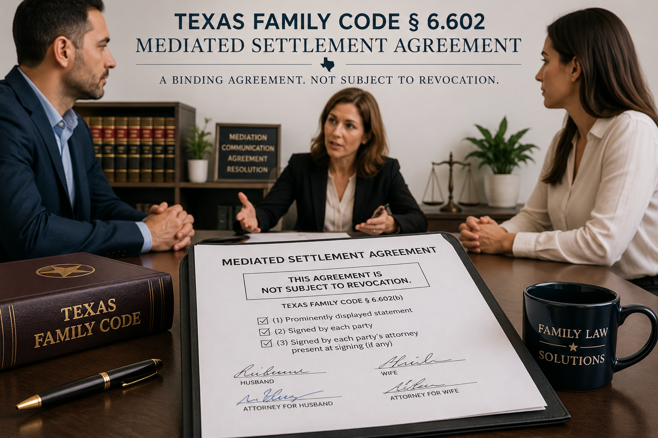 Professional Texas divorce mediation scene illustrating a mediated settlement agreement under Texas Family Code § 6.602. A mediator meets with two parties at a conference table while a prominently displayed settlement agreement states that it is not subject to revocation. Legal books, a Texas Family Code volume, and scales of justice emphasize the binding nature of mediated settlement agreements in Texas family law.