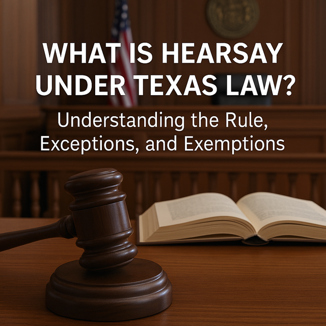 Learn what hearsay means under Texas law, when it is excluded, and when exceptions or exemptions allow it into evidence. A clear guide to Texas hearsay rules, admissibility, and courtroom strategy.