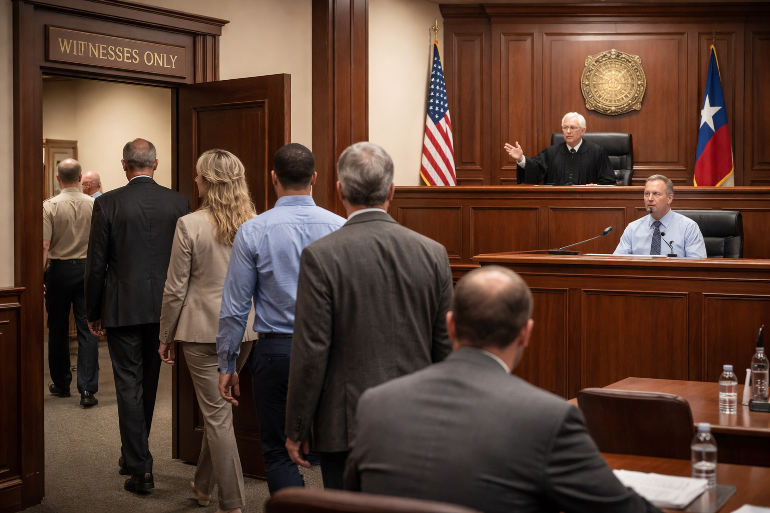 Courtroom scene where a judge instructs several witnesses to leave the courtroom while one witness remains on the stand, illustrating the concept of witness sequestration under Texas Rule of Evidence 614.
