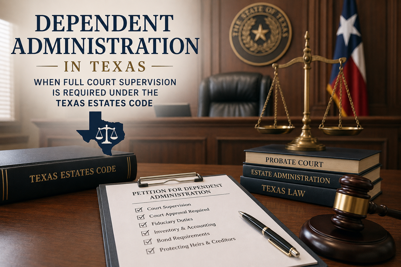 Illustration of a Texas probate courtroom with a gavel, scales of justice, Texas Estates Code book, and estate administration documents representing dependent administration under Texas probate law.