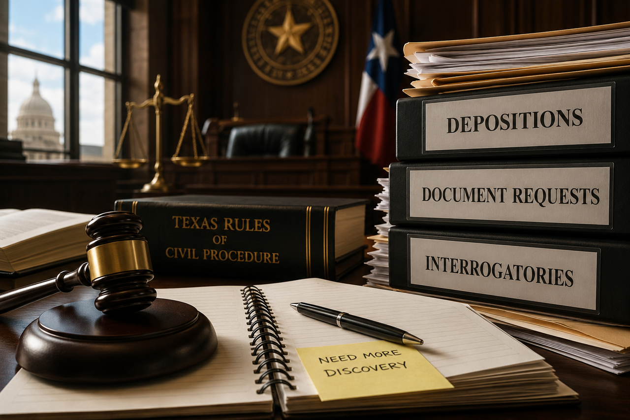Judge's gavel, Texas Rules of Civil Procedure, and discovery files representing Rule 166a(g) summary judgment continuances and civil litigation in Texas.
