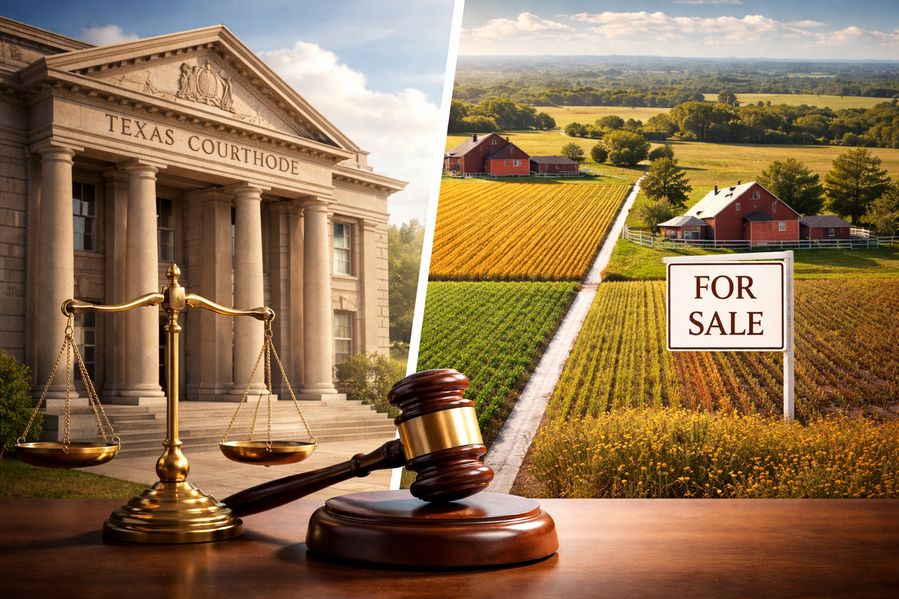 A Texas courthouse with divided farmland in the background representing partition in kind versus partition by sale under Chapter 23 of the Texas Property Code.