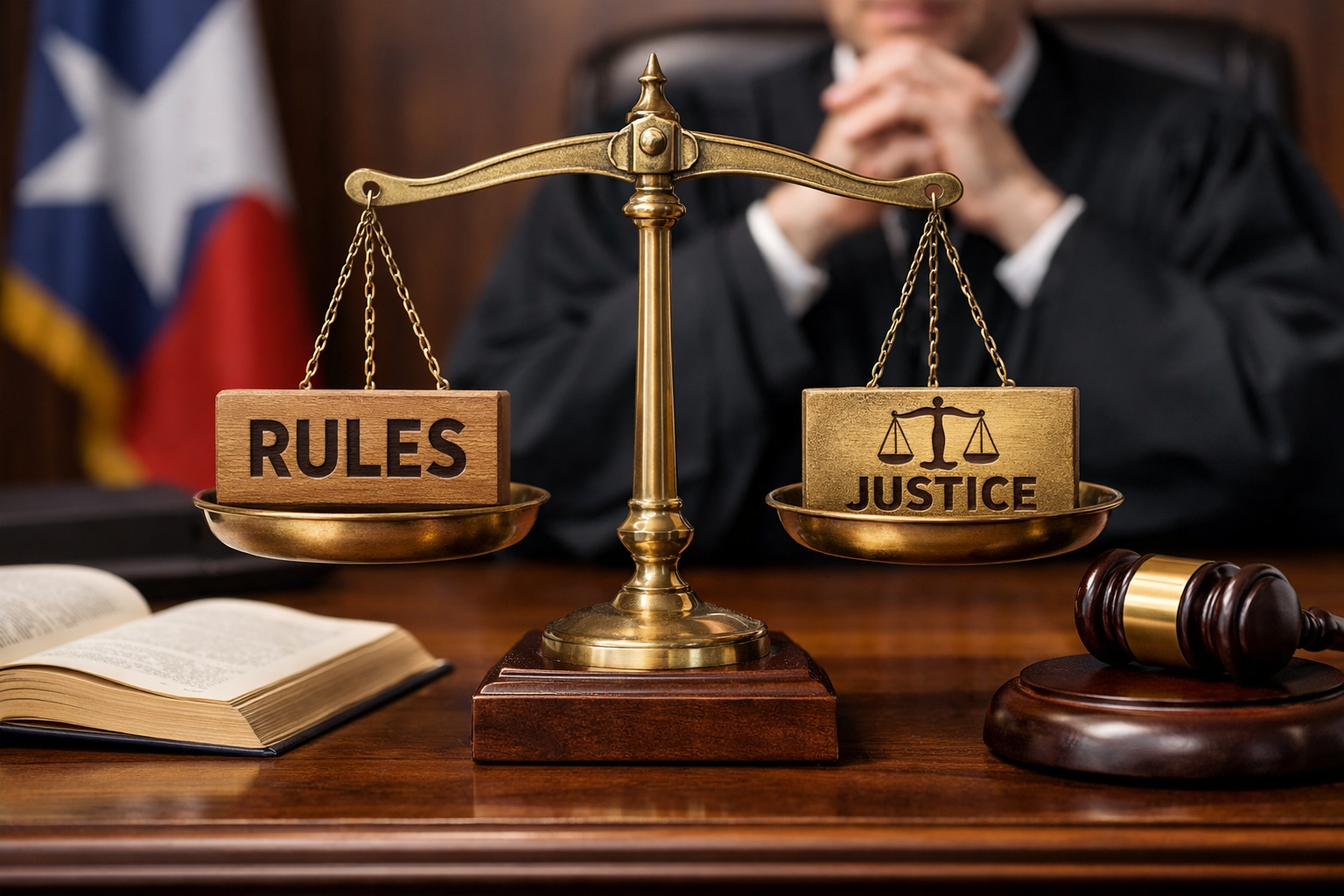 A courtroom scene showing a balance scale labeled “Rules” and “Justice” in front of a judge, symbolizing the tension between evidentiary rules and fairness under Texas law.