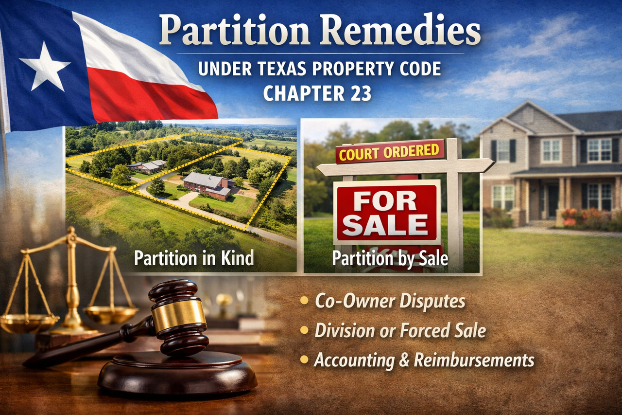 Partition disputes arise when Texas property co-owners cannot agree. This article explains partition remedies under Chapter 23 of the Texas Property Code, including partition in kind, partition by sale, reimbursements, and court-ordered resolutions.