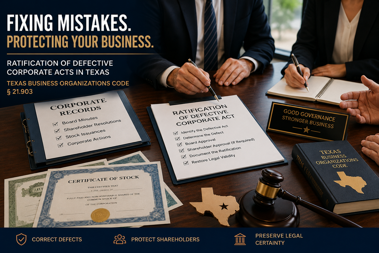 Professional corporate boardroom with business executives reviewing corporate records, stock certificates, and board resolutions while discussing the ratification of defective corporate acts under the Texas Business Organizations Code. A judge's gavel, Texas-shaped emblem, and legal documents symbolize corporate governance, business compliance, shareholder protections, and Texas corporate law.