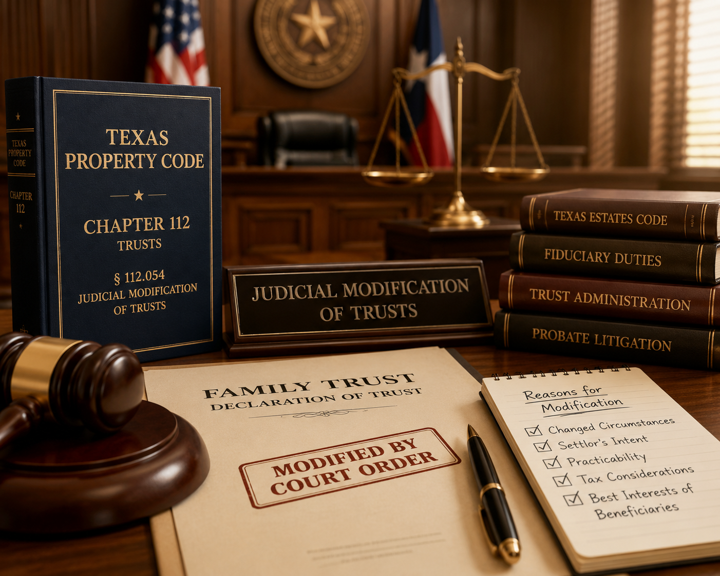 Texas judicial modification of trusts under Property Code Chapter 112 with trust documents, gavel, and probate law books in a courtroom setting.