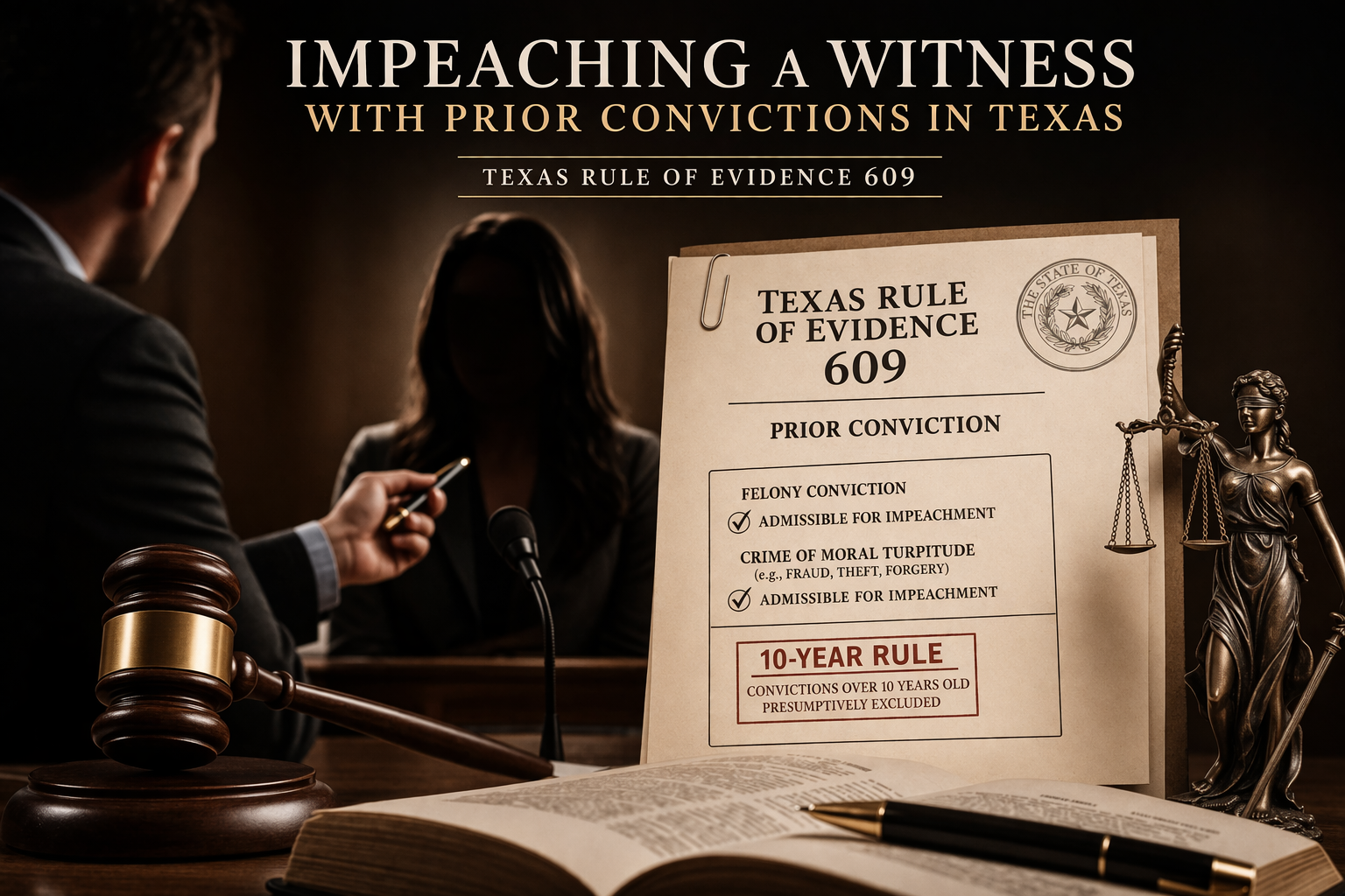 A courtroom scene where an attorney cross-examines a witness while referencing a documented criminal conviction, illustrating impeachment of credibility under Texas Rule of Evidence 609.