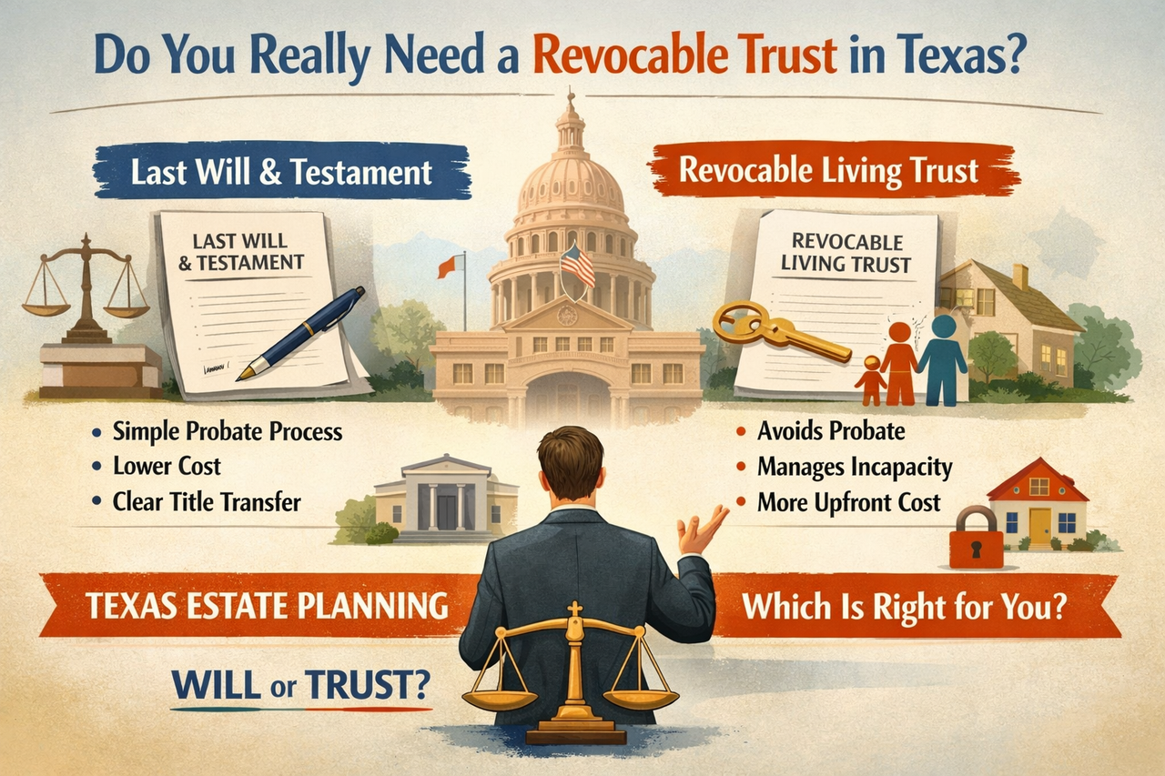 Illustration comparing a Texas last will and testament with a revocable living trust, showing probate and trust-based estate planning options explained by a Texas estate planning attorney