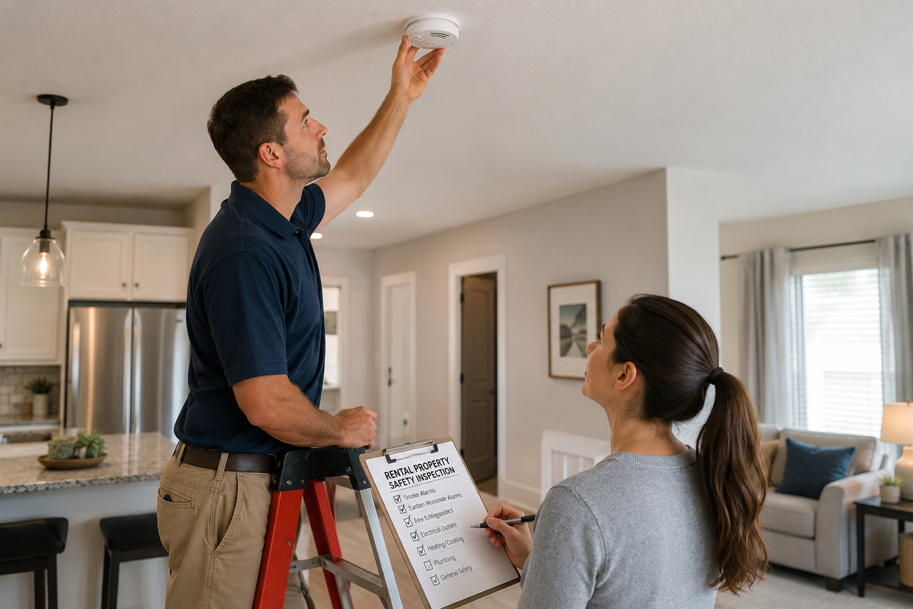 Landlord testing a smoke alarm in a Texas rental property while inspecting safety requirements under Texas Health and Safety Code Chapter 766.