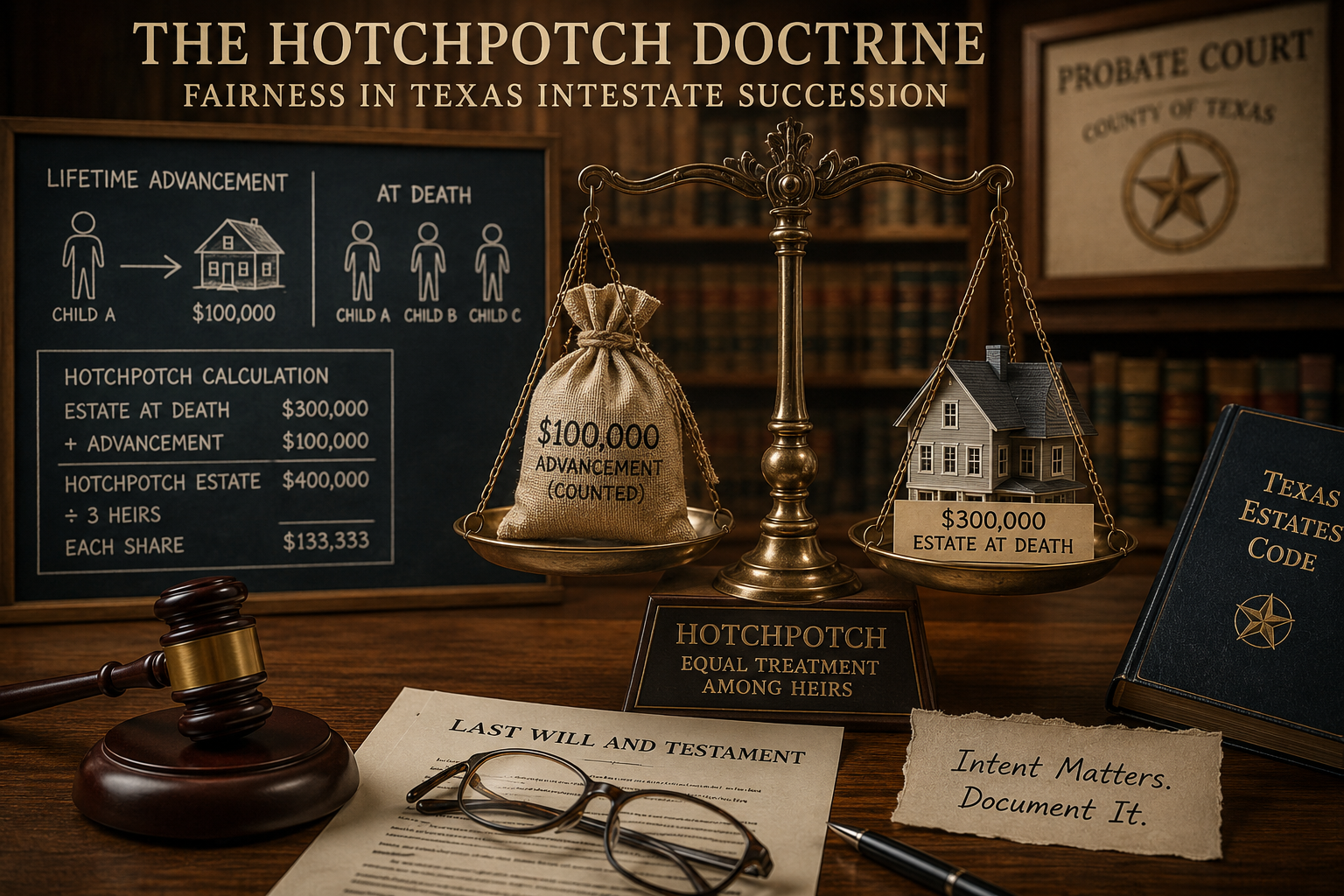 Illustration of the Texas hotchpotch doctrine showing how lifetime advancements are included in probate inheritance calculations under the Texas Estates Code.