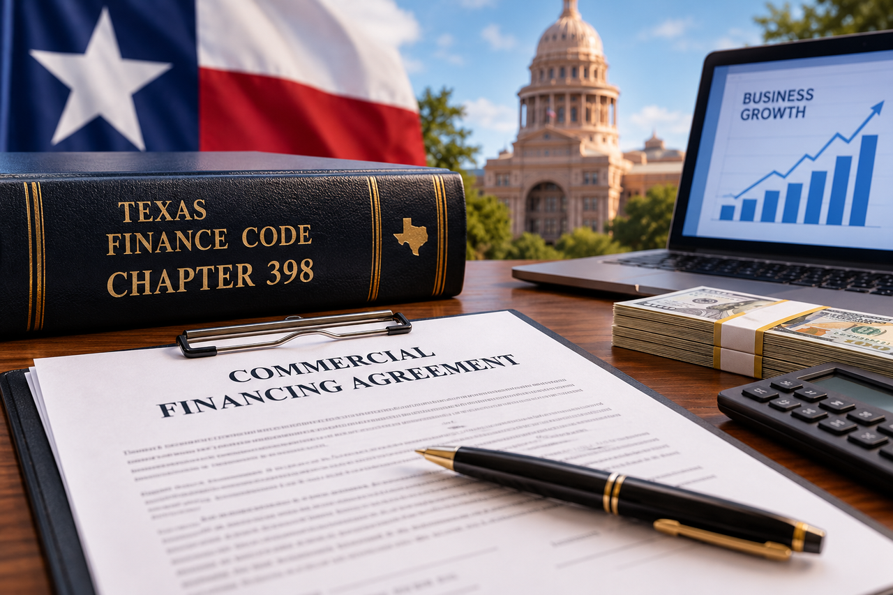 Texas Finance Code Chapter 398 beside a commercial financing agreement, cash, calculator, and laptop, illustrating Texas merchant cash advance and commercial sales-based financing law.