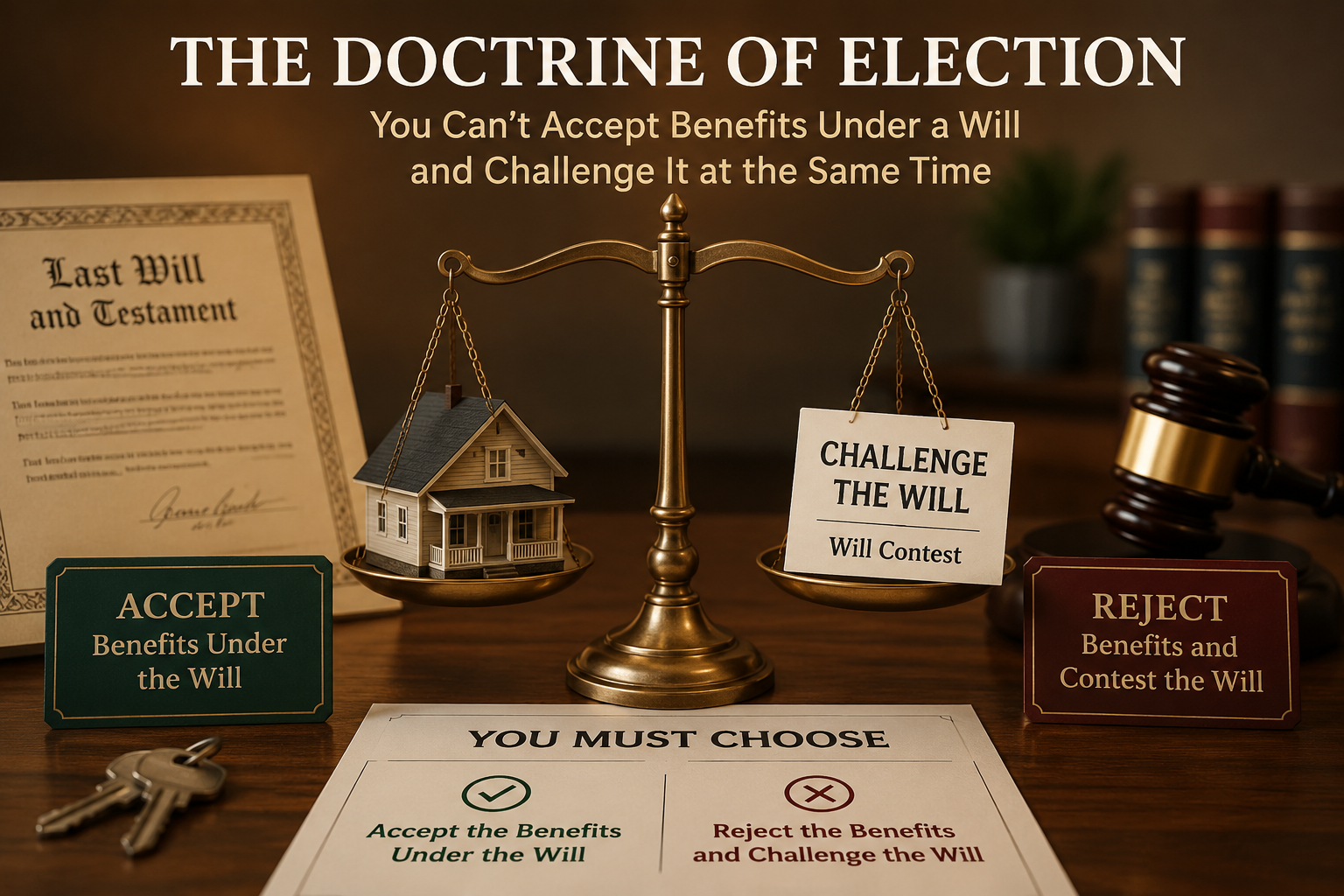 Illustration depicting the Texas probate doctrine of election, showing a balance scale weighing acceptance of inheritance benefits against a will contest. A model house, last will and testament, judge's gavel, and legal documents symbolize the choice beneficiaries may face between accepting property under a will and challenging the will's validity in probate court.an you take the house and still challenge the will - understanding the texas doctrine of election.png