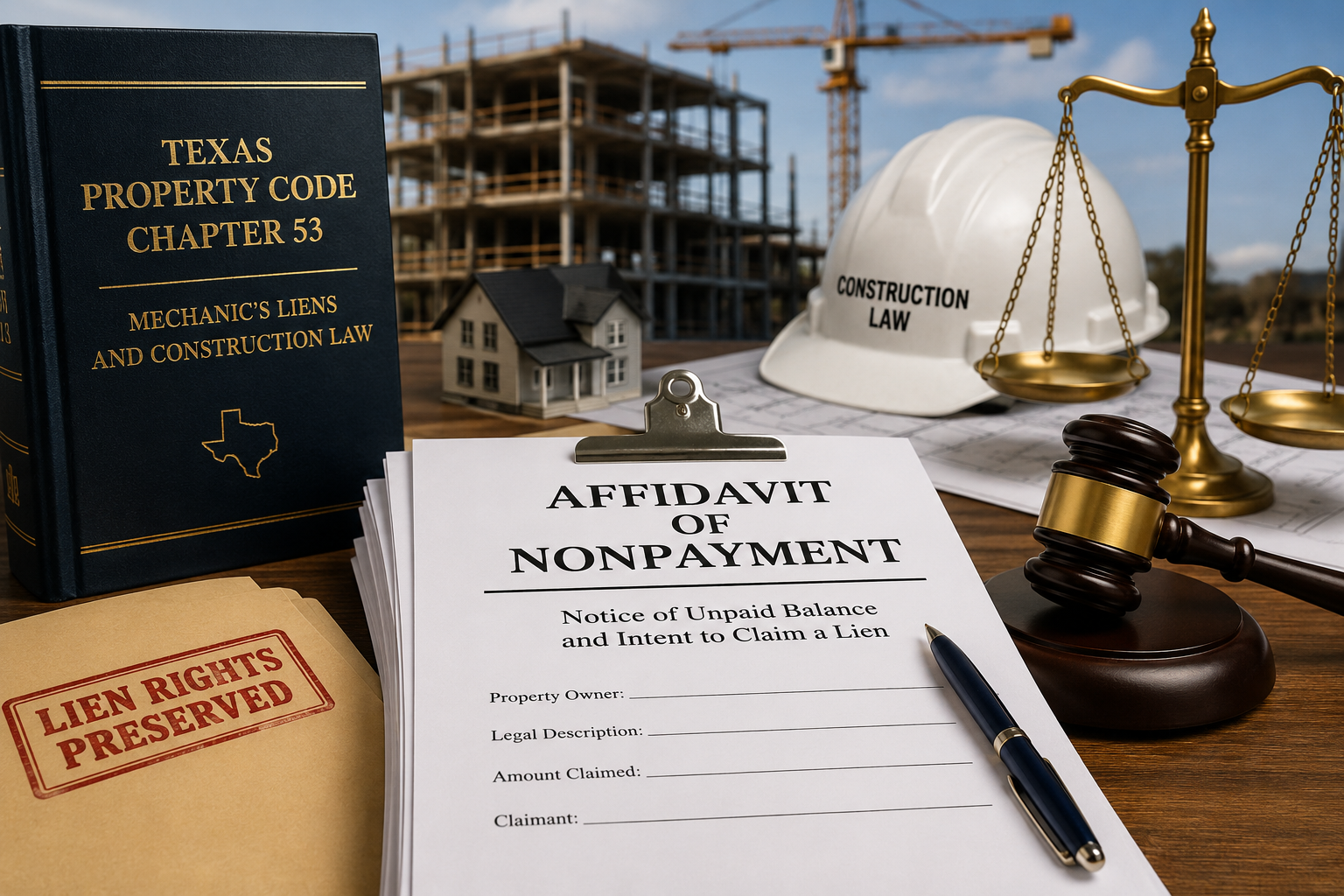 Affidavit of Nonpayment under Texas construction law with mechanic's lien documents, gavel, hard hat, and building project in background.