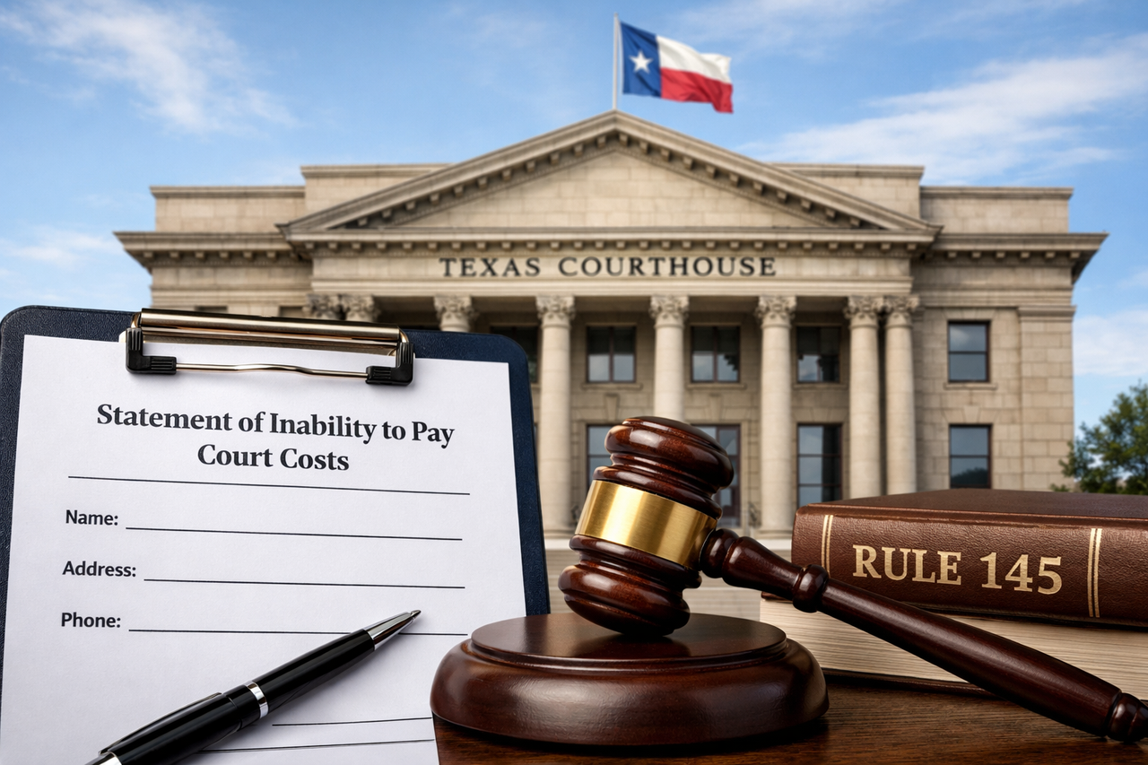 Texas courthouse representing Rule 145 of the Texas Rules of Civil Procedure, which allows litigants to file a Statement of Inability to Pay Court Costs and proceed without prepaying filing fees.