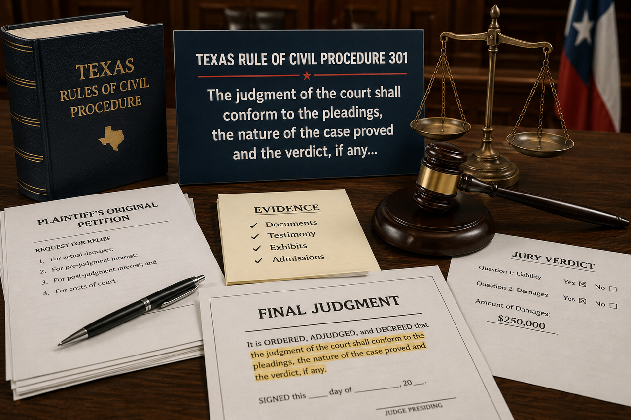 Texas Rule of Civil Procedure 301 legal concept illustration showing a final judgment alongside pleadings, evidence, and a jury verdict in a Texas courtroom. The image symbolizes the legal requirement that judgments conform to the pleadings, proof, and verdict, highlighting important principles of Texas civil litigation, appellate practice, due process, and trial procedure.