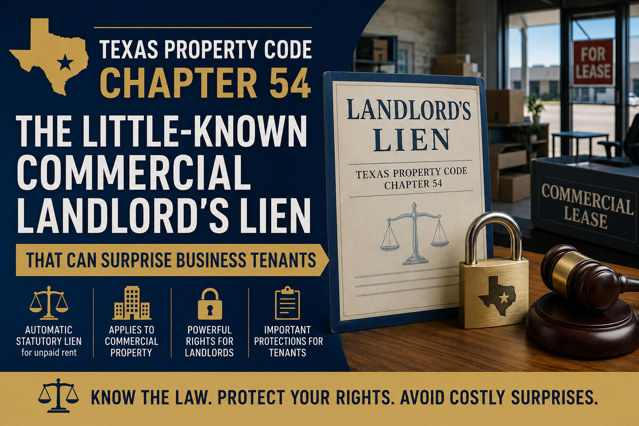 Commercial landlord lien illustration featuring a Texas commercial lease, gavel, keys, tenant property boxes, and legal documents explaining Texas Property Code Chapter 54 and a landlord's statutory lien for unpaid commercial rent.