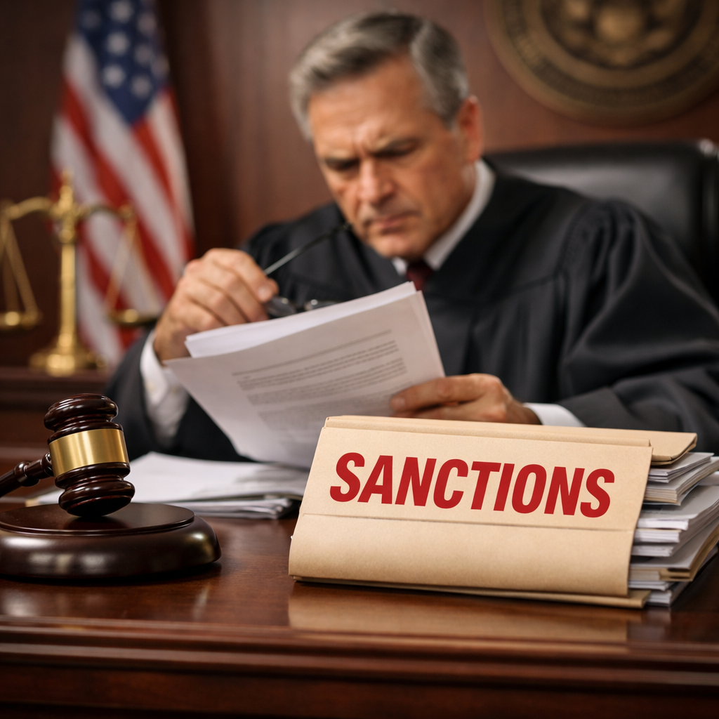 Judge reviewing legal pleadings in a courtroom setting, symbolizing sanctions for groundless or bad faith filings under Texas Rule of Civil Procedure 13.