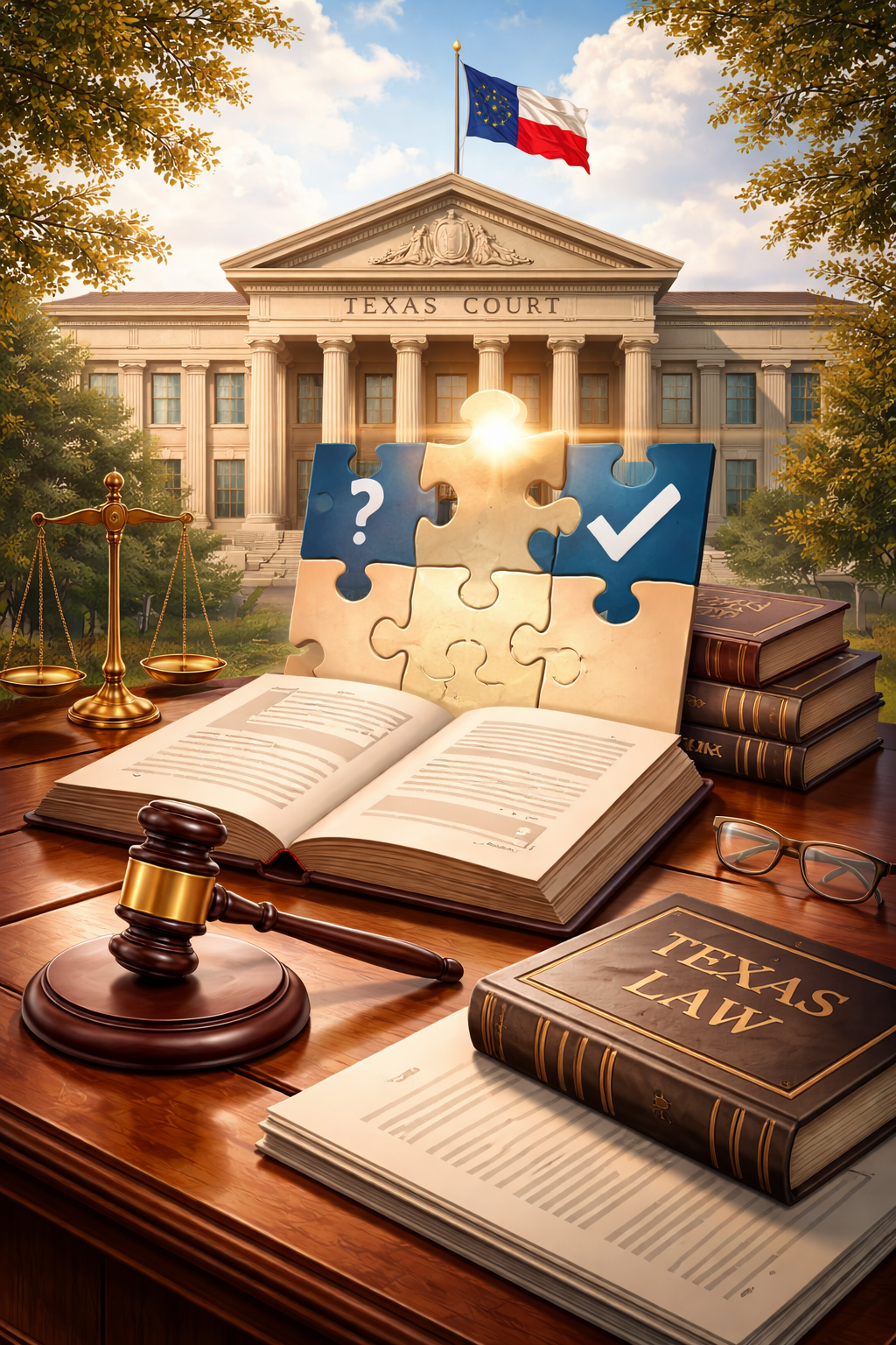 Illustration representing a Texas courthouse resolving legal uncertainty through a declaratory judgment, symbolizing contract interpretation and civil dispute clarification under Texas law.